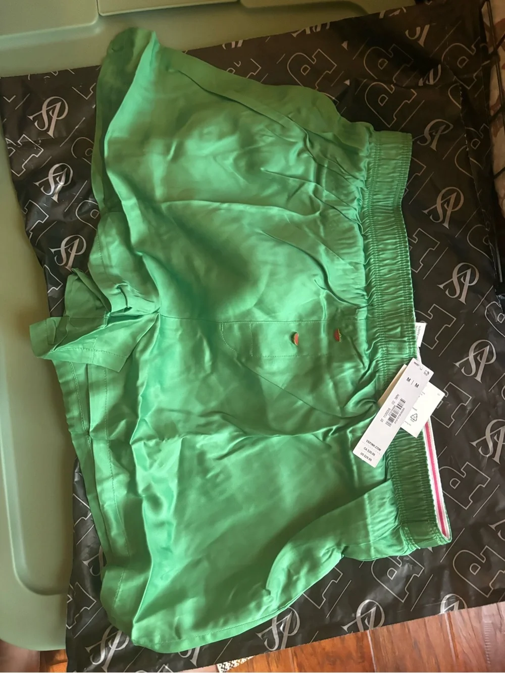 PINK Victoria's Secret Green Satin Lounge Shorts with Pink Logo Waistband